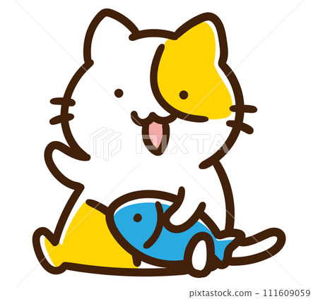 一隻可愛的貓角色的變形插圖，腋下夾著一條魚 111609059