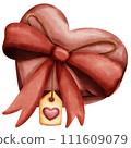 Cute heart shape gift box with red ribbon and heart label in watercolor style 111609079