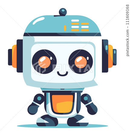 Cute friendly robot cartoon standing, smiling robot character large eyes blue body, Futuristic AI theme childrens book art vector illustration Cute friendly robot cartoon standing, smiling robot character large eyes blue body, Futuristic AI theme childrens book art vector illustration 111609168