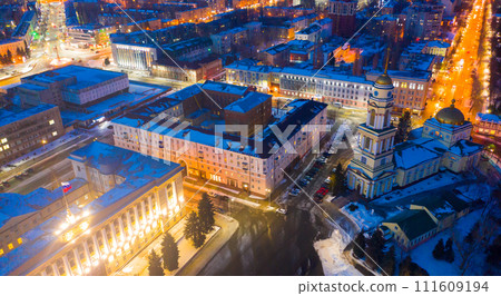 View from drone of main square in Lipetsk on winter evening View from drone of main square in Lipetsk on winter evening 111609194