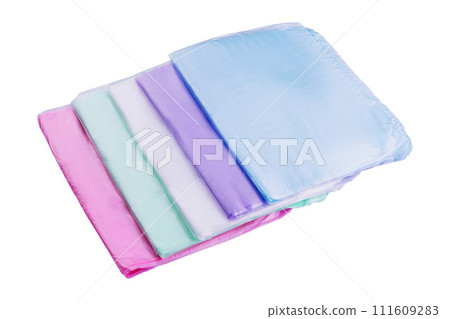 multi-colored transparent plastic bags isolated on white 111609283
