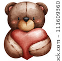 Cute and cuddly portrait teddy bear doll hug heart in watercolor style 111609360