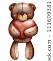 Cute and cuddly teddy bear doll standing hug heart in watercolor style 111609381