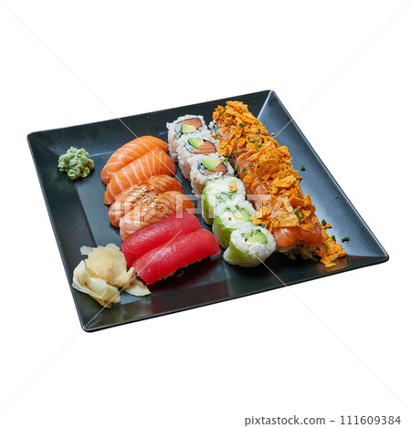 Traditional japanese wooden plank with food isolated on white Traditional japanese wooden plank with food isolated on white 111609384