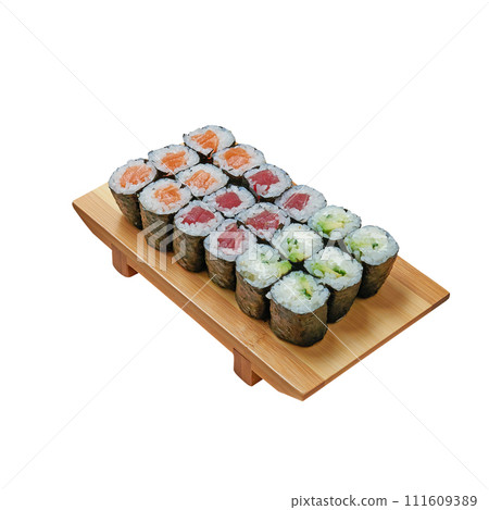 Traditional japanese wooden plank with food isolated on white Traditional japanese wooden plank with food isolated on white 111609389