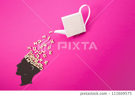Human head is watering with wood letters on pink background. World philosophy day  111609575