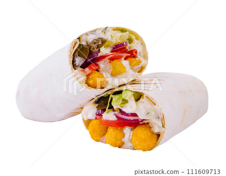 Wrap with chicken nuggets, vegetables and sauce isolated Wrap with chicken nuggets, vegetables and sauce isolated 111609713
