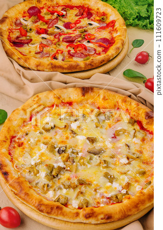 Homemade pizza close up top view Homemade pizza close up top view 111609723