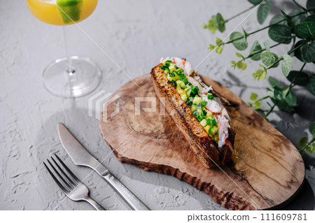 Grilled Crab and Vegetable Sandwich top view Grilled Crab and Vegetable Sandwich top view 111609781