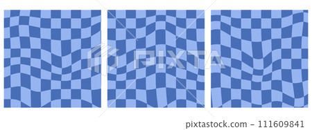 Set of Square Retro Groovy Wavy Psychedelic Checkerboard Check Y2K 90s Background. Blue Color Backdrop. Set of Square Retro Groovy Wavy Psychedelic Checkerboard Check Y2K 90s Background. Blue Color Backdrop. 111609841