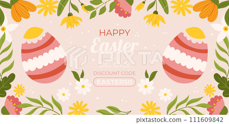 Easter sale horizontal background template for promotion. Design with two painted eggs, floral elements, symmetrical composition. Hand drawn flat vector illustration. Easter sale horizontal background template for promotion. Design with two painted eggs, floral elements, symmetrical composition. Hand drawn flat vector illustration. 111609842
