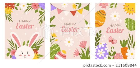 Easter collection of vertical greeting cards template. Design for celebration spring holiday with flowers, bunny, butterfly, sun and painted eggs. Hand drawn flat vector illustration. 111609844