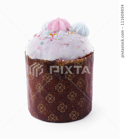 Traditional Easter cakes with meringue on white background Traditional Easter cakes with meringue on white background 111609934
