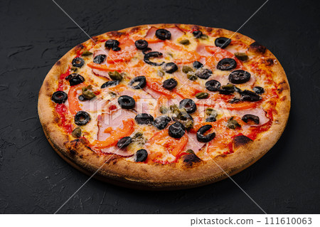 Pizza with ham, parmesan cheese and olives Pizza with ham, parmesan cheese and olives 111610063