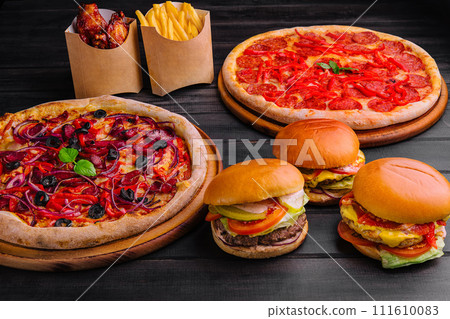 Table or delivery foods scene of assorted take out 111610083