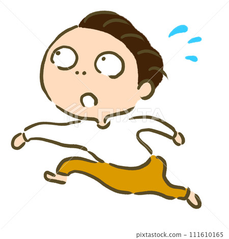 A person running while looking up, yellow pants, sweat A person running while looking up, yellow pants, sweat 111610165