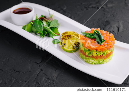 Salmon tartare with avocado on plate 111610171