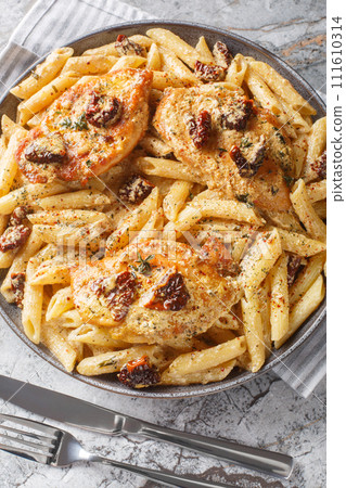 Marry me chicken pasta with sun-dried tomatoes and Parmesan in a creamy sauce closeup on the plate. Vertical top view 111610314