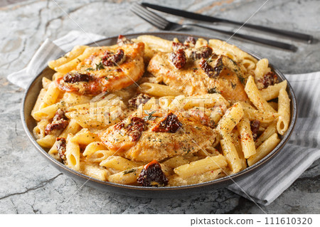 Marry Me Chicken penne with creamy pasta, tender chicken breast, parmesan cheese, sun-dried tomatoes, and herbs closeup on the plate. Horizontal Marry Me Chicken penne with creamy pasta, tender chicken breast, parmesan cheese, sun-dried tomatoes, and herbs closeup on the plate. Horizontal 111610320