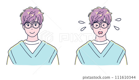 Stylish anime-style boy set of troubled face and smile Stylish anime-style boy set of troubled face and smile 111610344