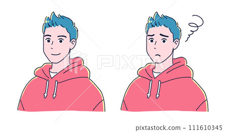 Stylish anime-style boy set of troubled face and smile 111610345