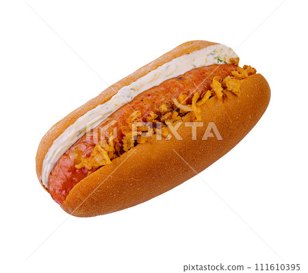 Hot Dog with Sausage, Mayonnaise, and Fried Onions 111610395