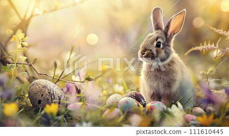 AI-generated content. An adorable rabbit sits with colorful Easter eggs nestled in spring flowers at golden hour 111610445