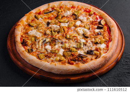 Healthy vegetables vegetarian pizza with grilled zucchini and eggplant slices Healthy vegetables vegetarian pizza with grilled zucchini and eggplant slices 111610512
