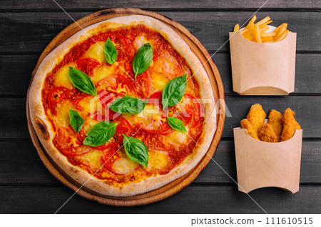 Margherita Pizza with Basil and Fries, Nuggets Margherita Pizza with Basil and Fries, Nuggets 111610515