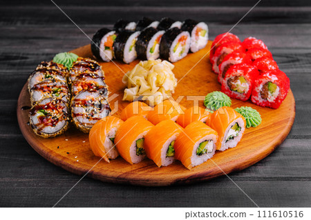 Delicious variety of sushi freshly prepared Delicious variety of sushi freshly prepared 111610516