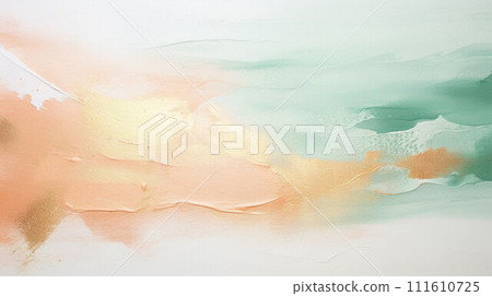 AI-generated content. Painting with gentle strokes of pastel green, peach hues blending softly on a textured canvas 111610725