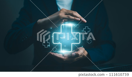 Businessman holding virtual blue plus sign for positive thinking mindset or healthcare insurance symbol concept for mental rejuvenation. Business value added. increase investment growth, benefits add, Businessman holding virtual blue plus sign for positive thinking mindset or healthcare insurance symbol concept for mental rejuvenation. Business value added. increase investment growth, benefits add, 111610739