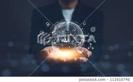 Businessman hand holding virtual global Internet connection metaverse. Business global internet connection application technology and digital marketing. Financial and bank, search information online. Businessman hand holding virtual global Internet connection metaverse. Business global internet connection application technology and digital marketing. Financial and bank, search information online. 111610740