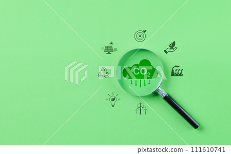 Magnifying glass with reduce CO2 emission concept, Environment icons decrease CO2, Reduction carbon footprint, Renewable clean, Sustainable energy, Carbon neutral, Globe climate Change risk, Net Zero, Magnifying glass with reduce CO2 emission concept, Environment icons decrease CO2, Reduction carbon footprint, Renewable clean, Sustainable energy, Carbon neutral, Globe climate Change risk, Net Zero, 111610741