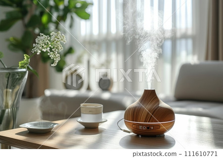 Aromatherapy Diffuser in Minimalist Home Decor, Embracing Wellness and Self-Care with Gentle Steam in a Bright, Airy Room for Relaxation and Health, Wellness at Home Concept, Generative AI Aromatherapy Diffuser in Minimalist Home Decor, Embracing Wellness and Self-Care with Gentle Steam in a Bright, Airy Room for Relaxation and Health, Wellness at Home Concept, Generative AI 111610771