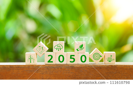 Reduce CO2 emissions concept. The 2050 year on wooden block. Carbon neutral, Net Zero, Climate change, Sustainable energy, Carbon footprint, environmental problem, Carbon neutrality, Carbon reduction, 111610798