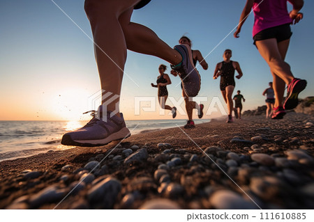 Beachside Run at Sunset. Group of runners on a beach at sunset 111610885