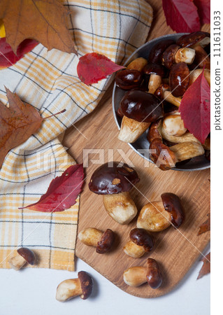 Several Imleria Badia or Boletus badius mushrooms commonly known as the bay bolete and vintage pan with mushrooms on wooden cutting board.. 111611033