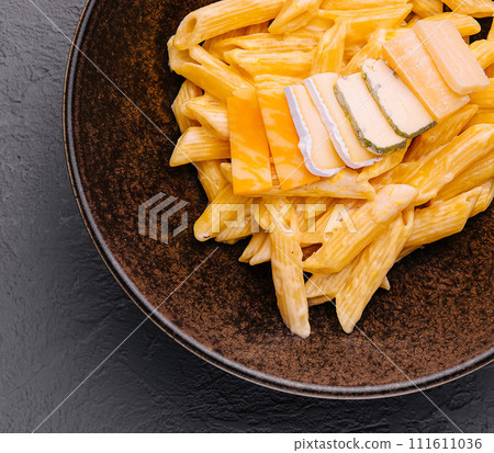 penne pasta with cheese on top view penne pasta with cheese on top view 111611036
