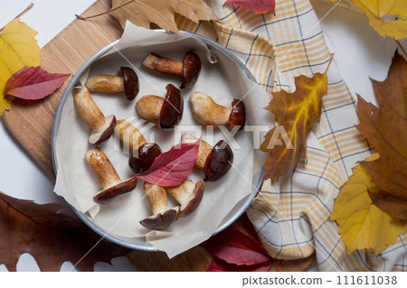 Vintage baking sheet with Imleria Badia or Boletus badius mushrooms commonly known as the bay bolete on wooden cutting board.. 111611038