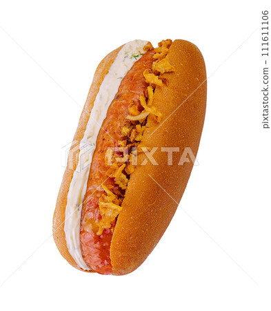 Hot Dog with Sausage, Mayonnaise, and Fried Onions 111611106