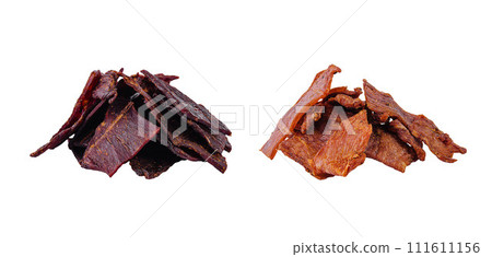 Dried beef and pork jerkies isolated on white background 111611156