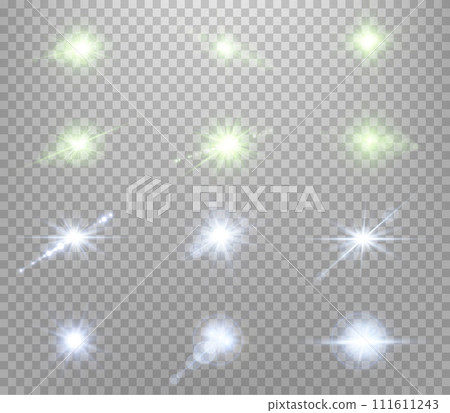 Green and blue lens flares set. Isolated on transparent background. Sun flash with rays or spotlight and bokeh. Glow flare light effect. Vector illustration. Green and blue lens flares set. Isolated on transparent background. Sun flash with rays or spotlight and bokeh. Glow flare light effect. Vector illustration. 111611243
