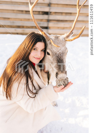 Vertical portrait of happy young woman in fur coat stroking and feeding cute young reindeer on snowy deer farm on sunny winter day, smiling looking at camera. Concept of ecotourism at wintertime. Vertical portrait of happy young woman in fur coat stroking and feeding cute young reindeer on snowy deer farm on sunny winter day, smiling looking at camera. Concept of ecotourism at wintertime. 111611459
