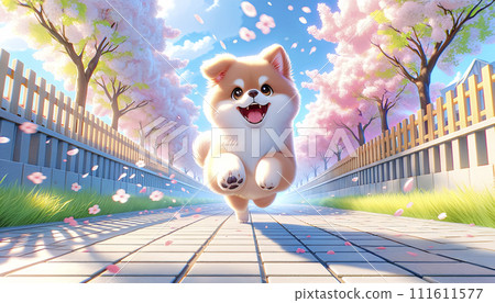 一隻可愛的小狗穿過盛開的櫻花樹向我們跑來。人工智慧圖像。 111611577