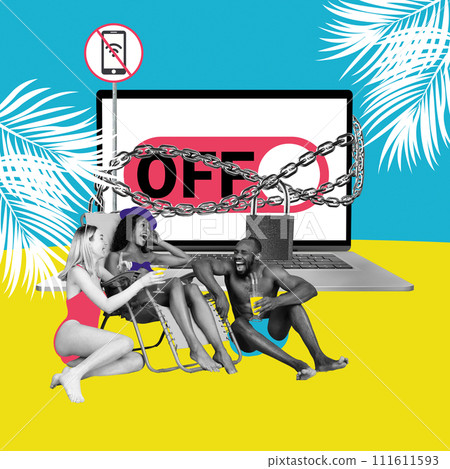 Group of friends laughing on beach, with chained laptop with OFF screen and No internet sign. Contemporary art collage. Promotion of tech-free relaxation and interaction. Group of friends laughing on beach, with chained laptop with OFF screen and No internet sign. Contemporary art collage. Promotion of tech-free relaxation and interaction. 111611593