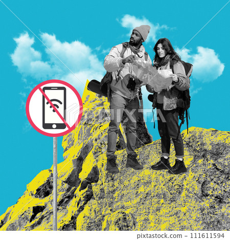 Two hikers, man and woman with map near No Phones sign on mountain. Contemporary art collage. Promotion of tours disconnecting from tech. 111611594