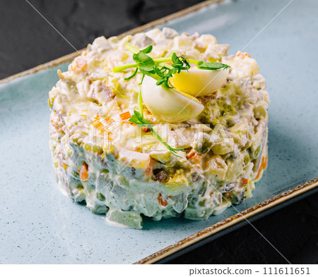 Salad Olivier on blue plate 111611651