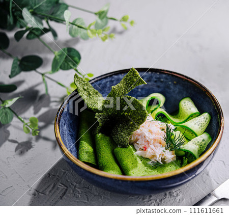 spinach pancakes with cucumbers and crab 111611661