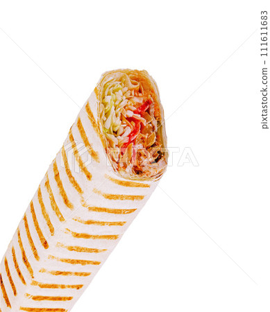 Shawarma chicken roll in a pita with fresh vegetables Shawarma chicken roll in a pita with fresh vegetables 111611683